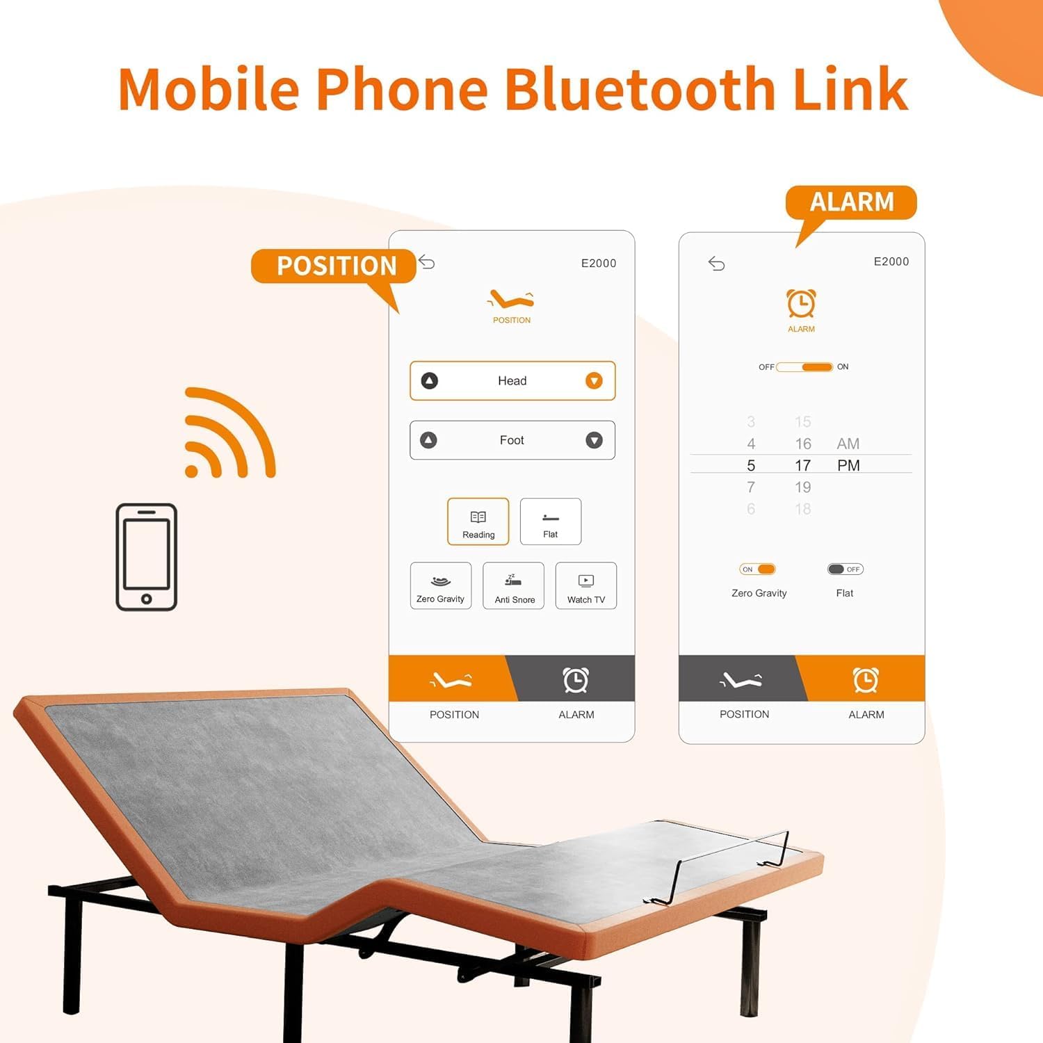 Adjustable bed frame with gel memory foam mattress, Bluetooth app control, and zero gravity positioning — view 2
