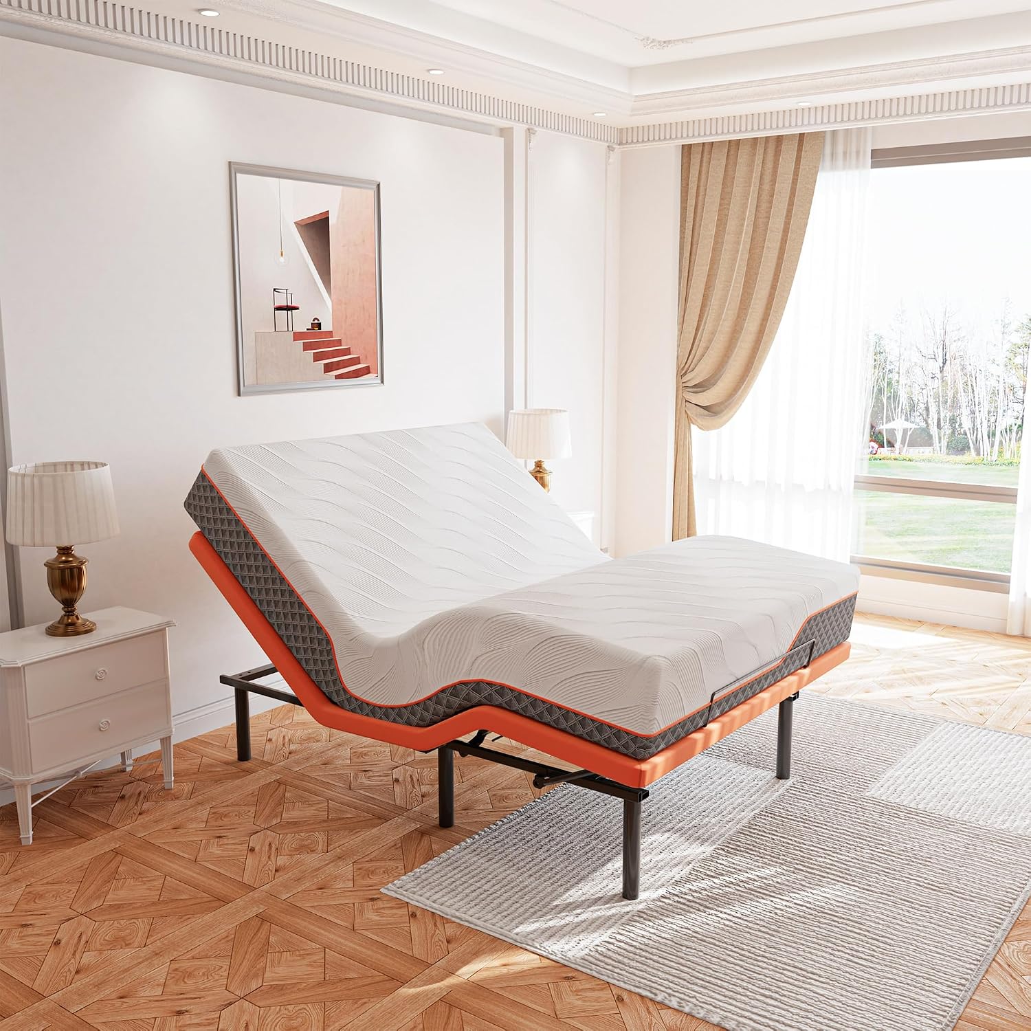 Adjustable bed frame with gel memory foam mattress, Bluetooth app control, and zero gravity positioning โ view 1