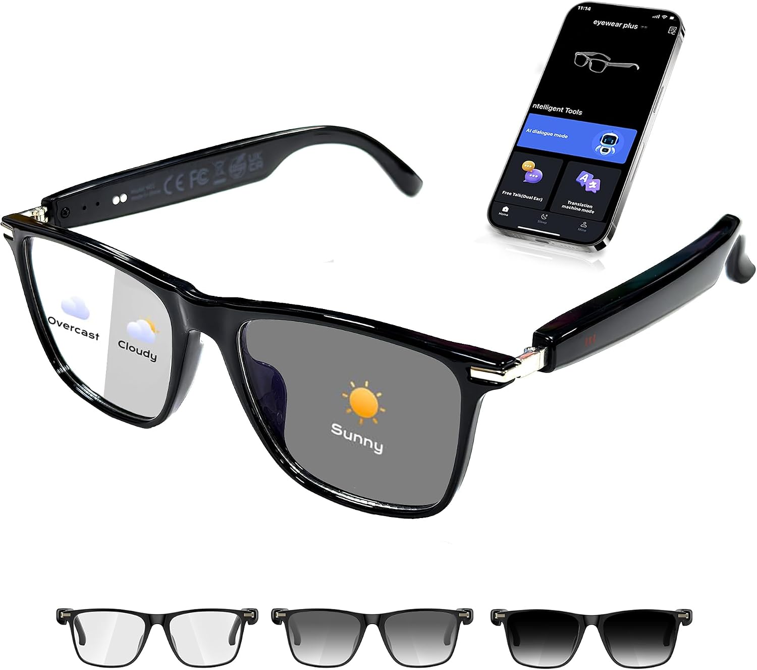 AI smart glasses with color-changing lens and Bluetooth connectivity, shown in sleek finish โ view 1