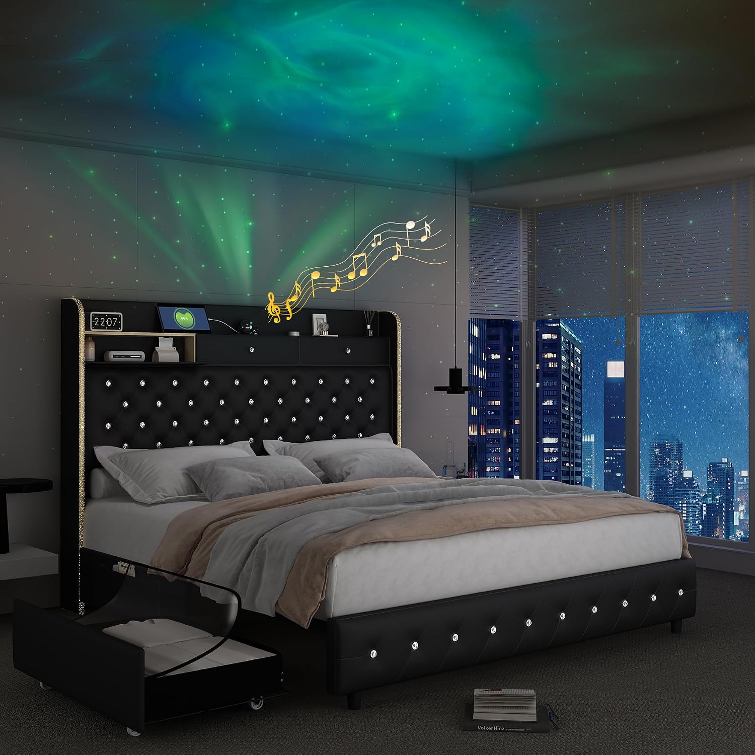 Queen-size platform bed frame with upholstered wingback, built-in LED galaxy projector, charging station, and storage drawers โ front