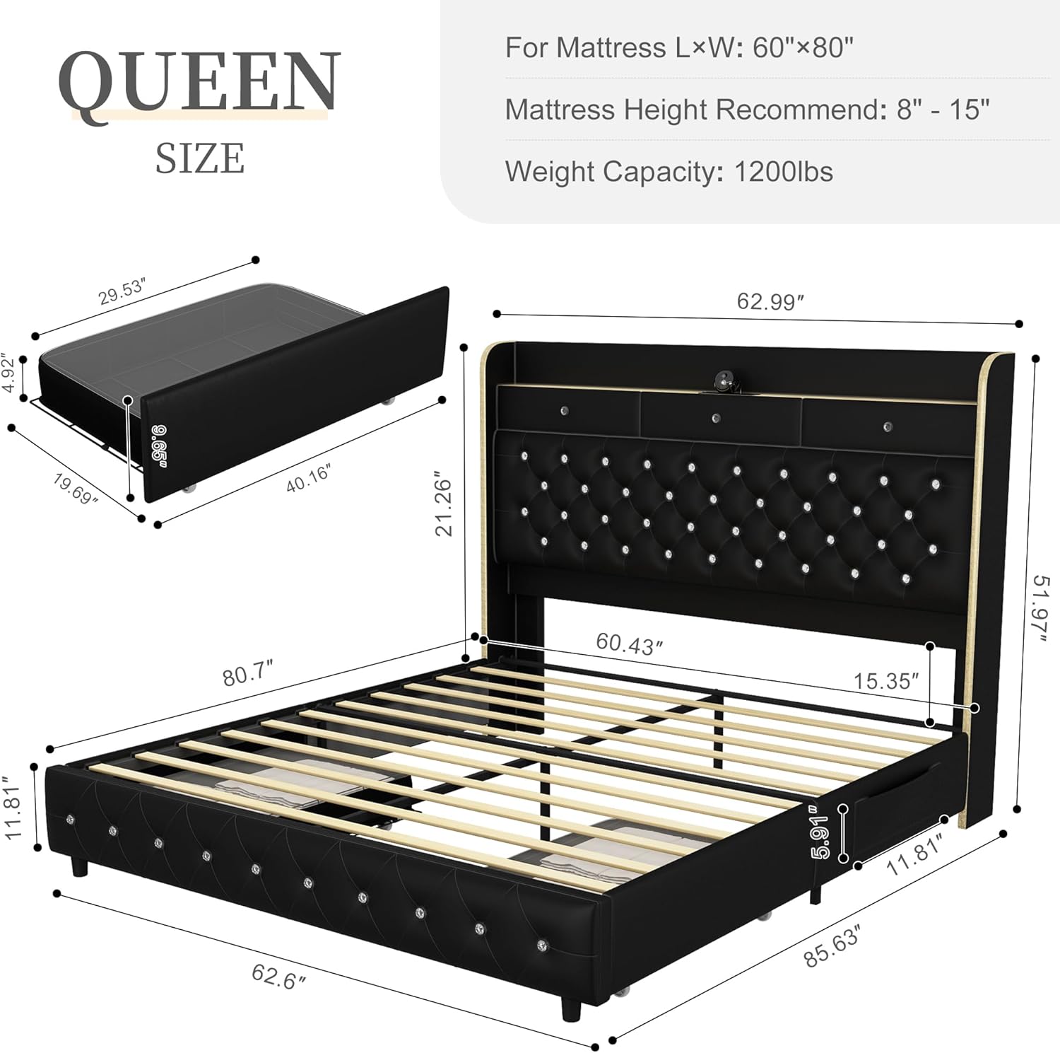 Queen-size platform bed frame with upholstered wingback, built-in LED galaxy projector, charging station, and storage drawers โ side