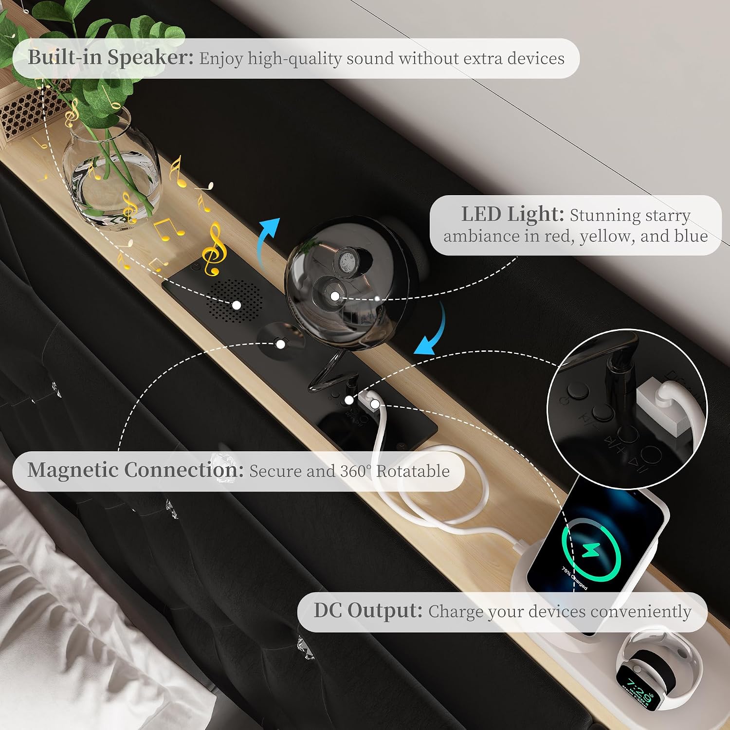Queen-size platform bed frame with upholstered wingback, built-in LED galaxy projector, charging station, and storage drawers โ back