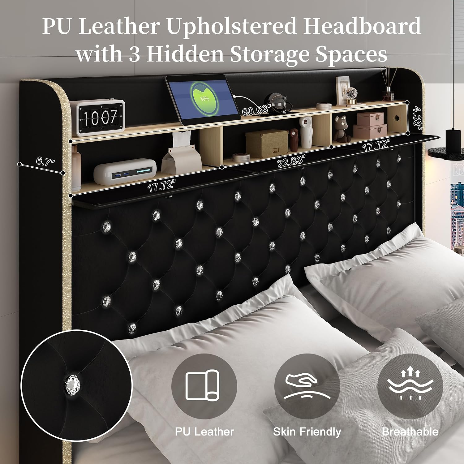 Queen-size platform bed frame with upholstered wingback, built-in LED galaxy projector, charging station, and storage drawers โ view 2