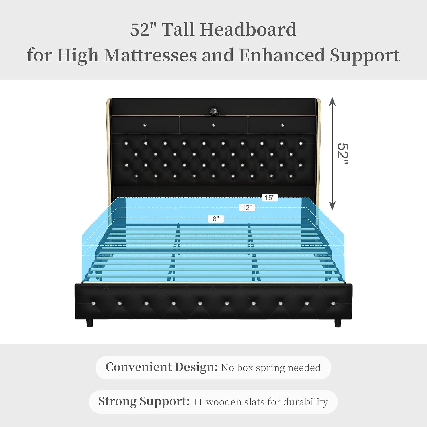 Queen-size platform bed frame with upholstered wingback, built-in LED galaxy projector, charging station, and storage drawers โ view 3