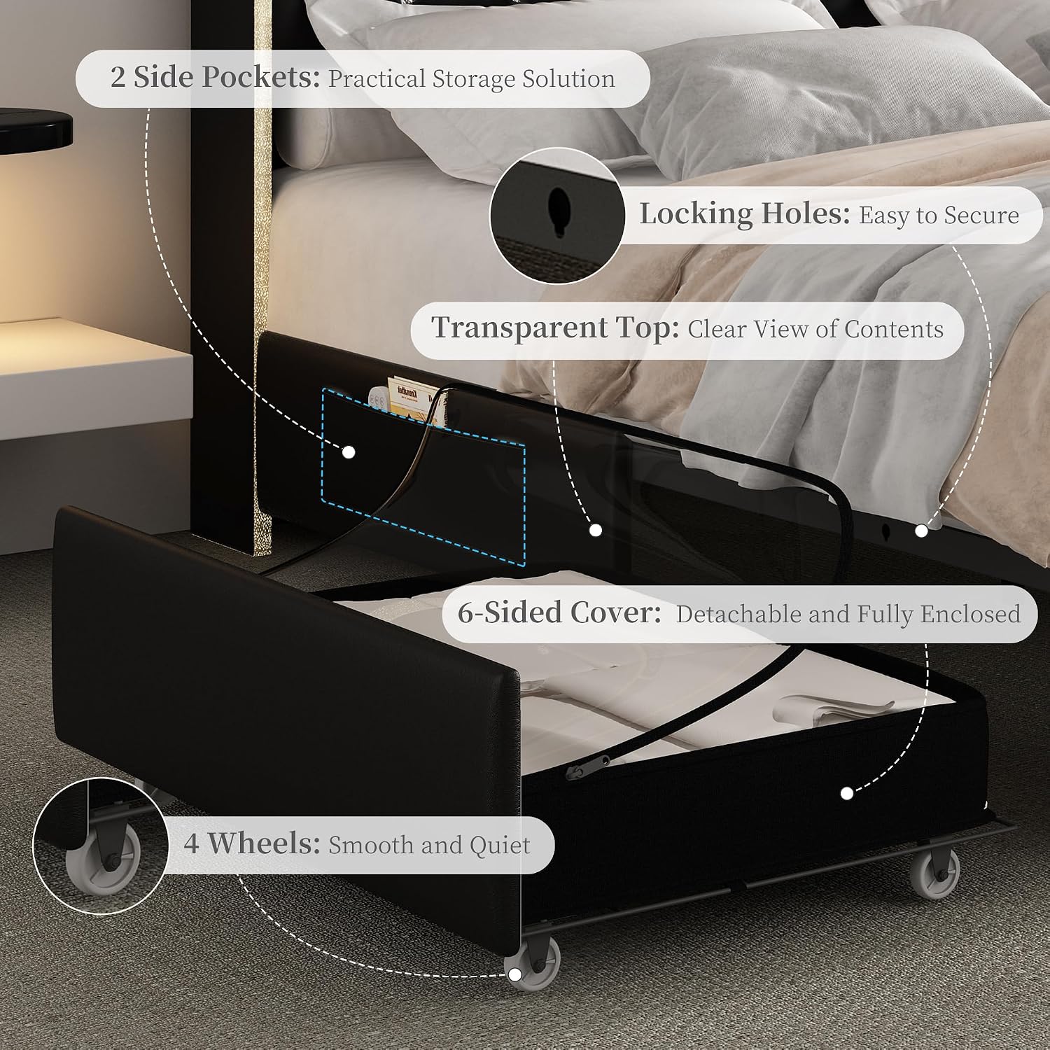 Queen-size platform bed frame with upholstered wingback, built-in LED galaxy projector, charging station, and storage drawers โ view 4