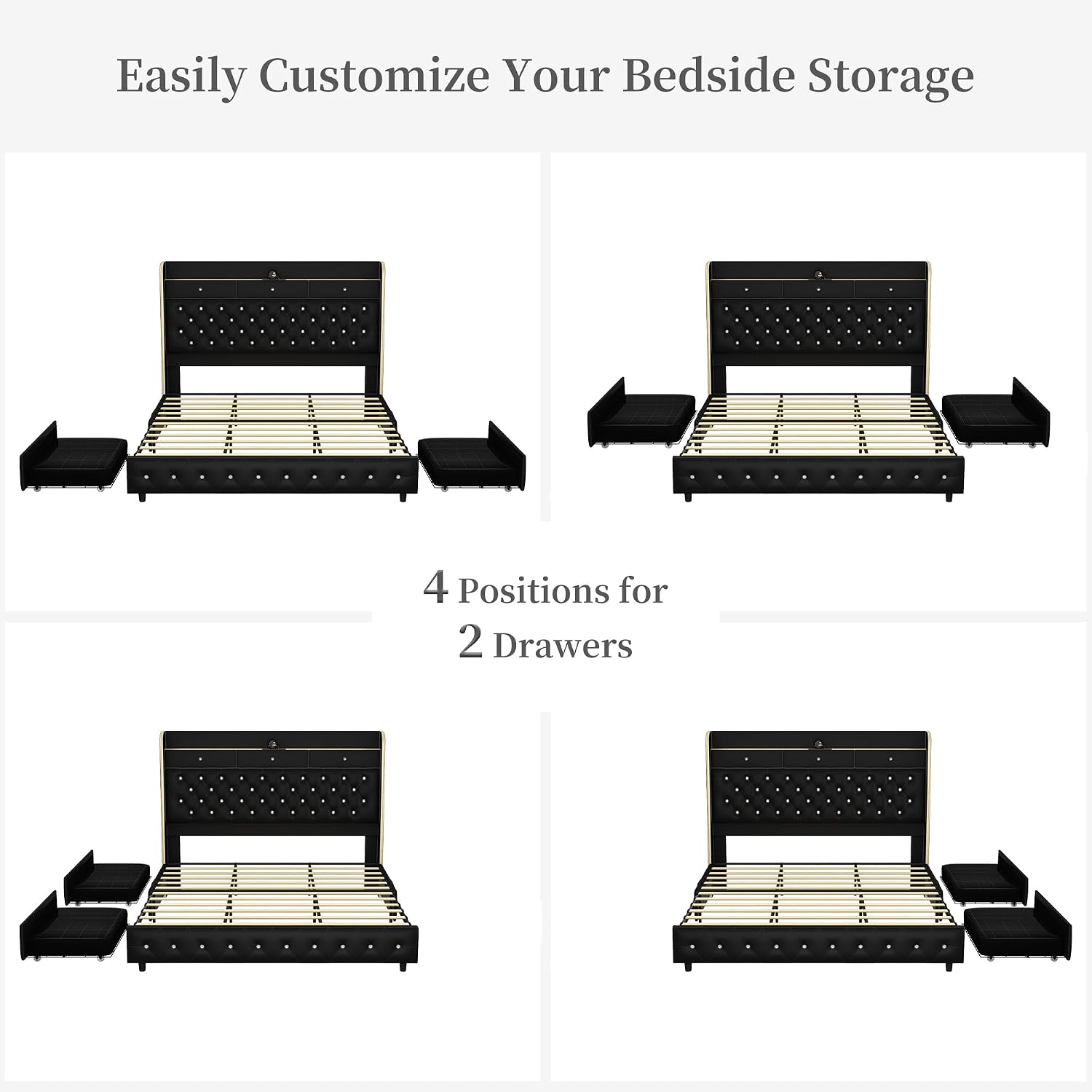 Queen-size platform bed frame with upholstered wingback, built-in LED galaxy projector, charging station, and storage drawers โ view 5