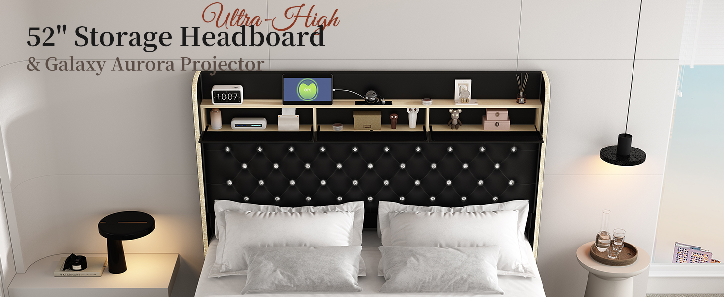 Queen-size platform bed frame with upholstered wingback, built-in LED galaxy projector, charging station, and storage drawers โ view 3a