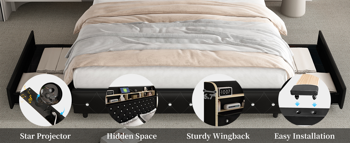 Queen-size platform bed frame with upholstered wingback, built-in LED galaxy projector, charging station, and storage drawers โ view 3b