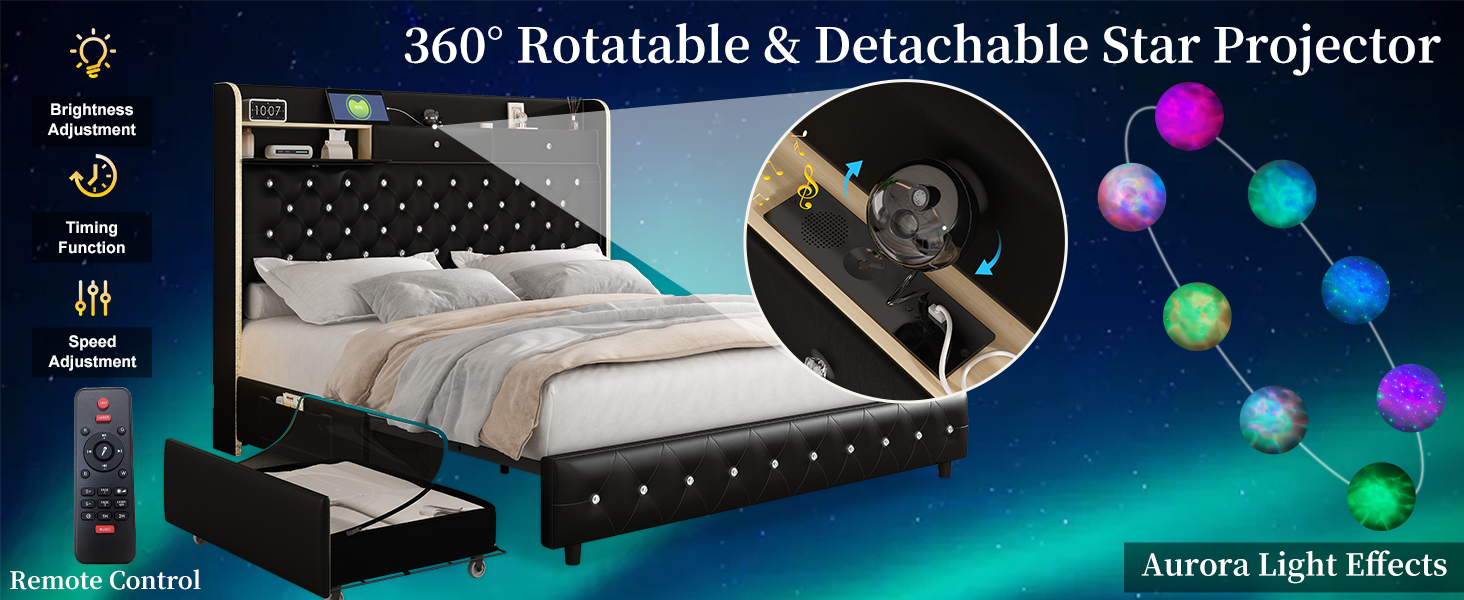 Queen-size platform bed frame with upholstered wingback, built-in LED galaxy projector, charging station, and storage drawers โ view 4