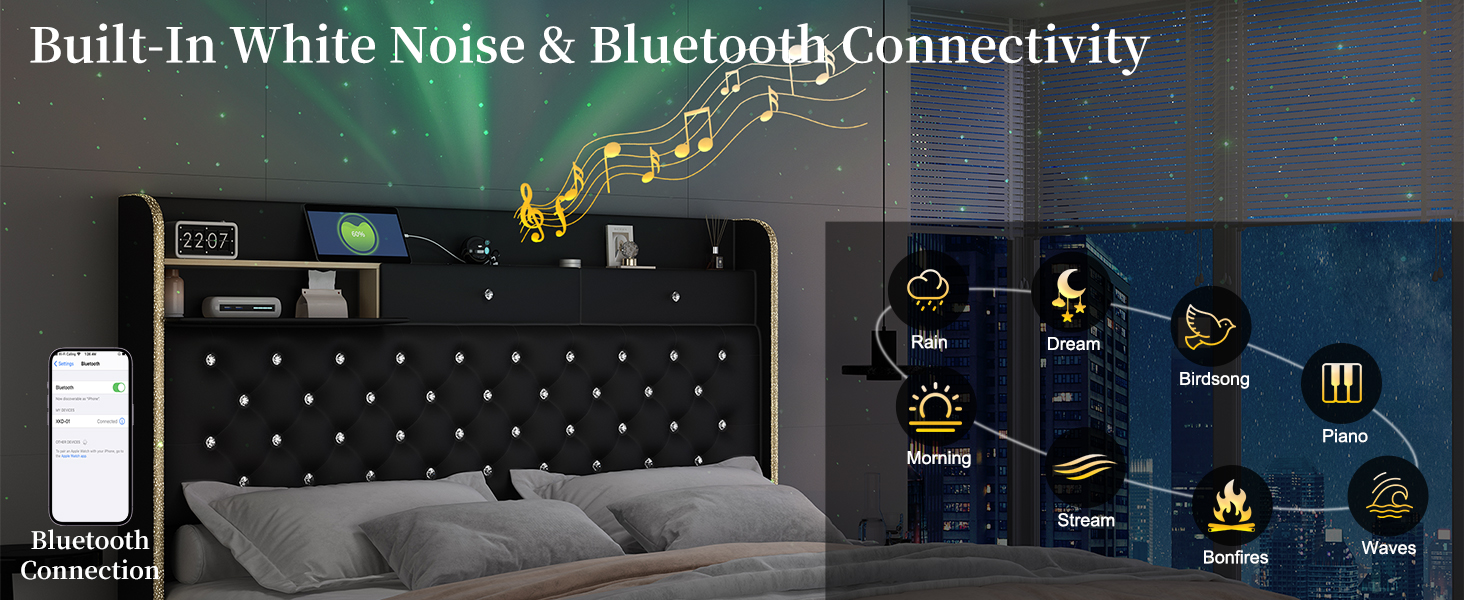Queen-size platform bed frame with upholstered wingback, built-in LED galaxy projector, charging station, and storage drawers โ view 5a