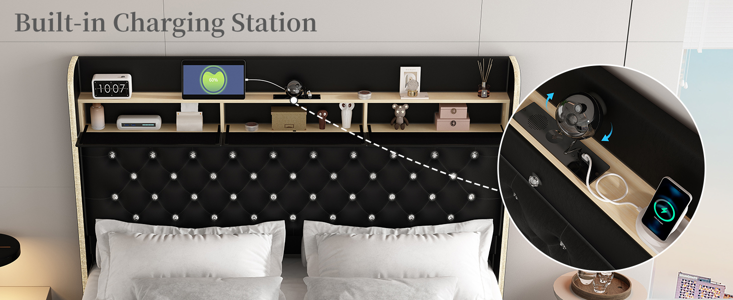 Queen-size platform bed frame with upholstered wingback, built-in LED galaxy projector, charging station, and storage drawers โ view 5b