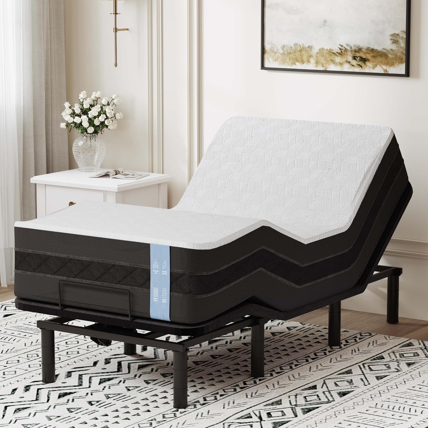 Adjustable bed frame with cooling gel memory foam mattress, wireless remote control, and under-bed lighting system — view 1