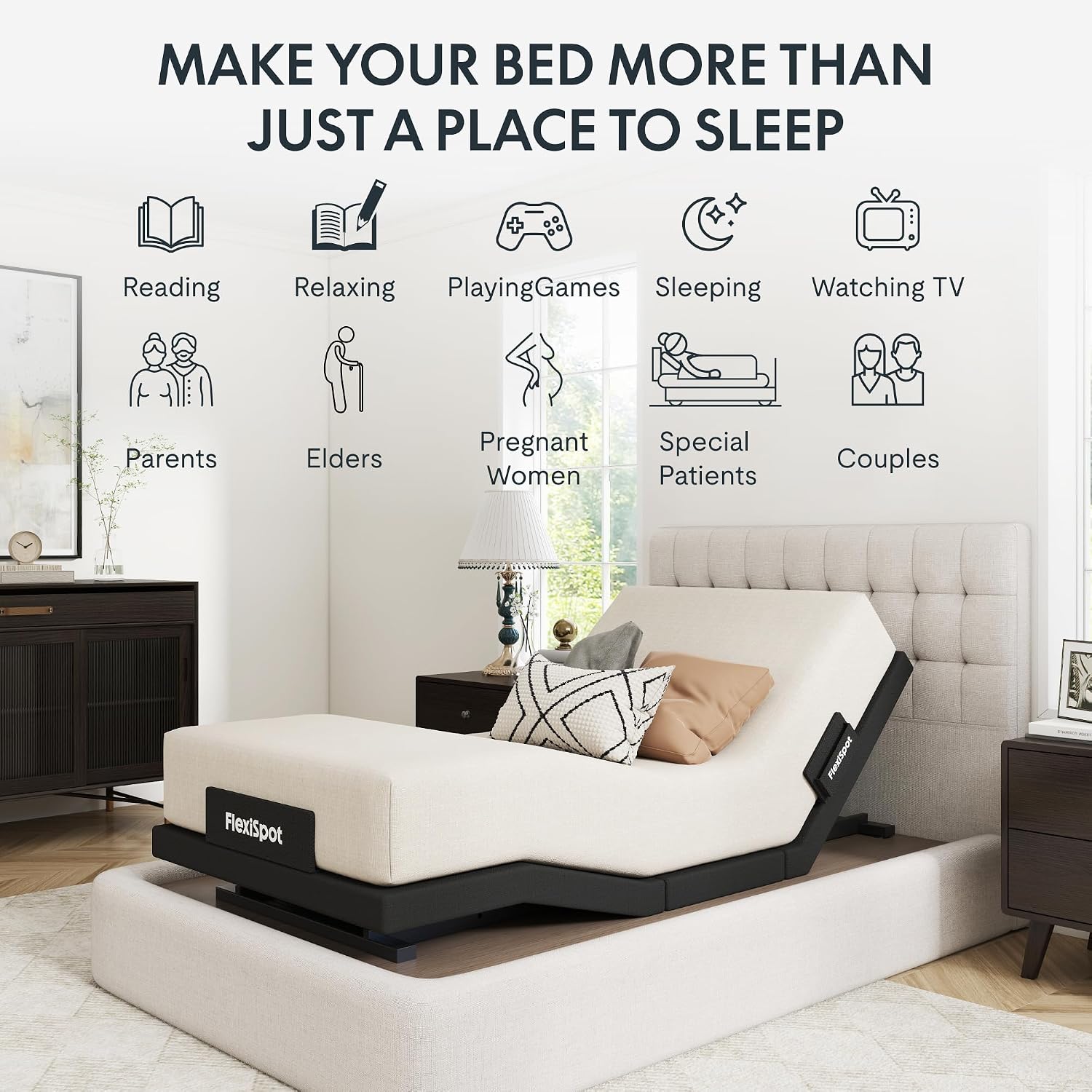 Adjustable bed frame with cooling gel memory foam mattress, wireless remote control, and under-bed lighting system — view 1