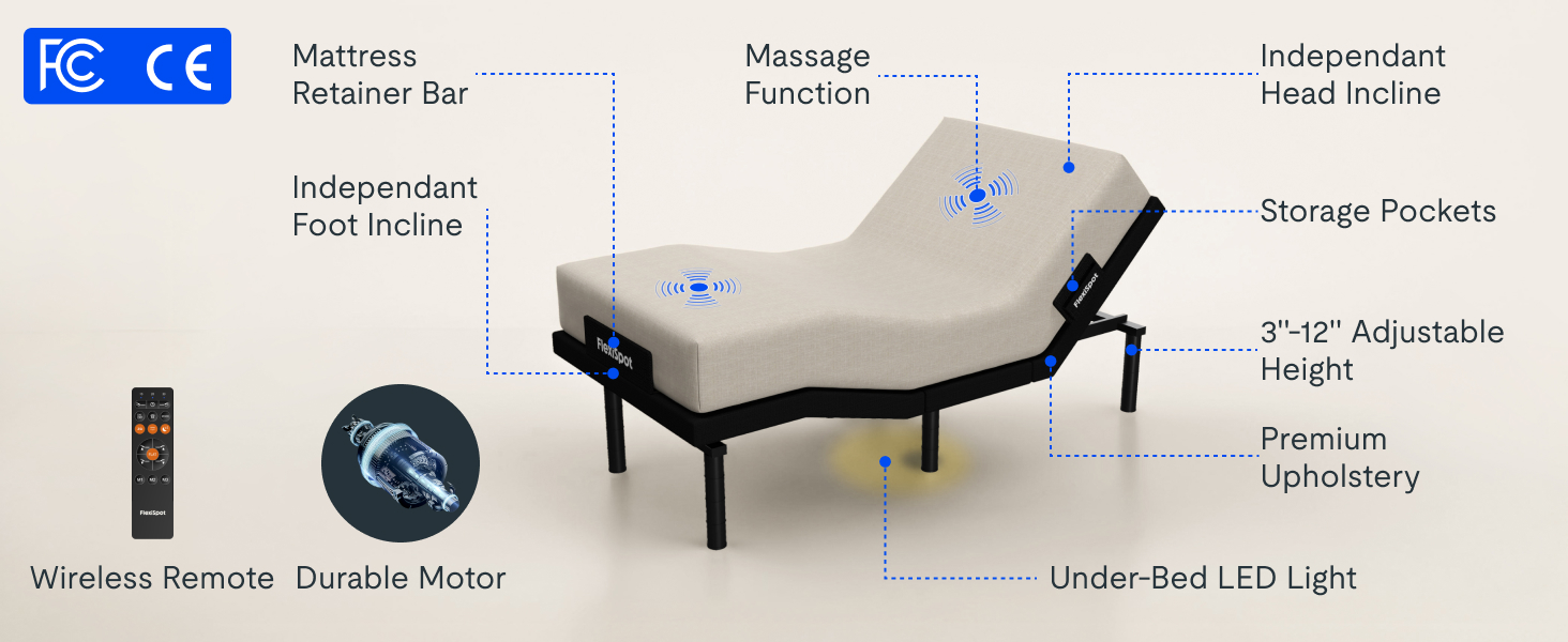 Adjustable bed frame with cooling gel memory foam mattress, wireless remote control, and under-bed lighting system — view 3a