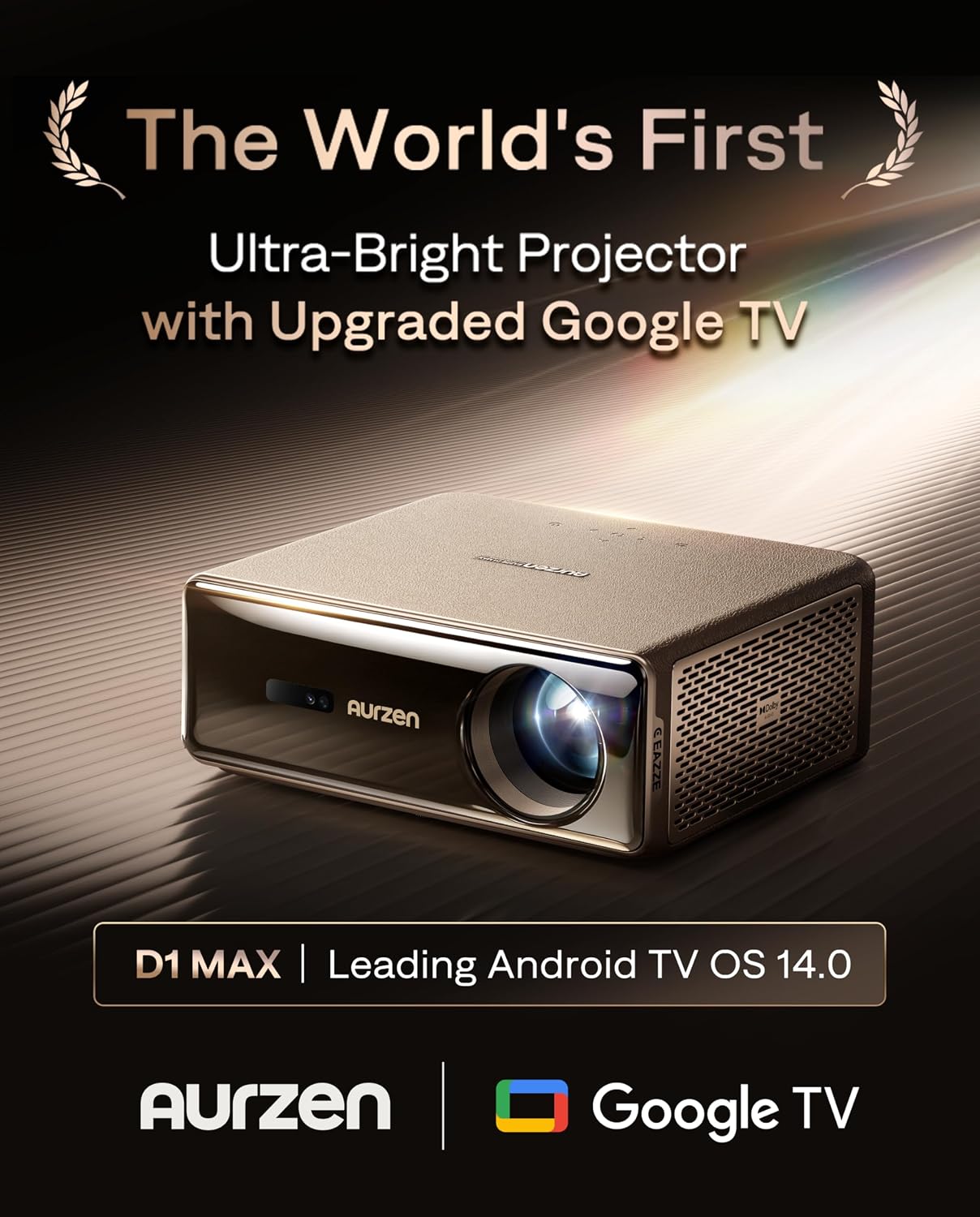 4K smart projector with premium black finish, showing lens and control panel — side