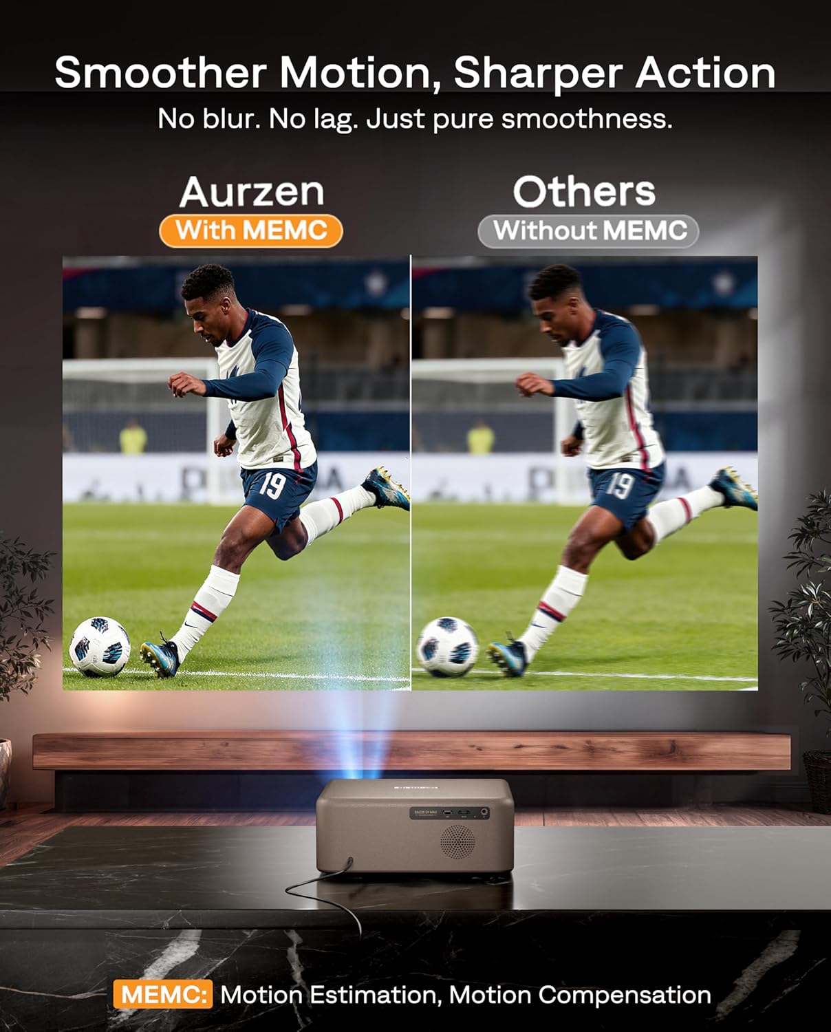 4K smart projector with premium black finish, showing lens and control panel — detail