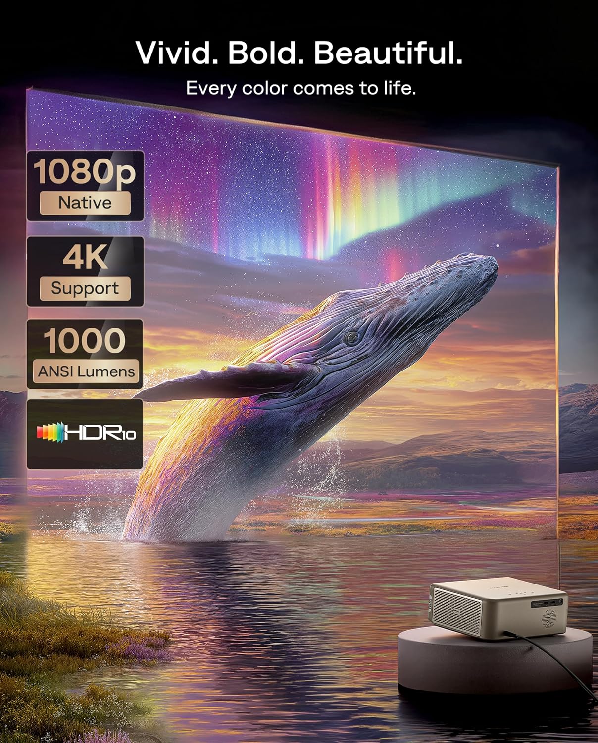 4K smart projector with premium black finish, showing lens and control panel โ view 4