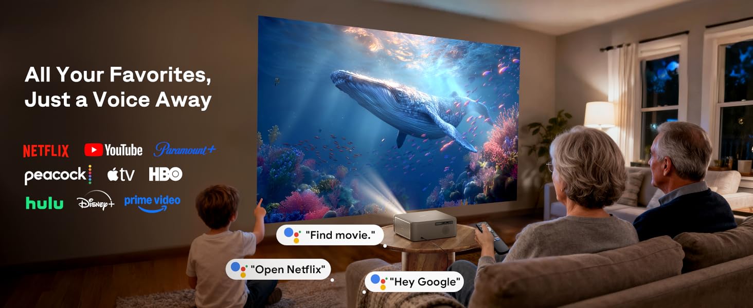 4K smart projector with premium black finish, showing lens and control panel — view 3b