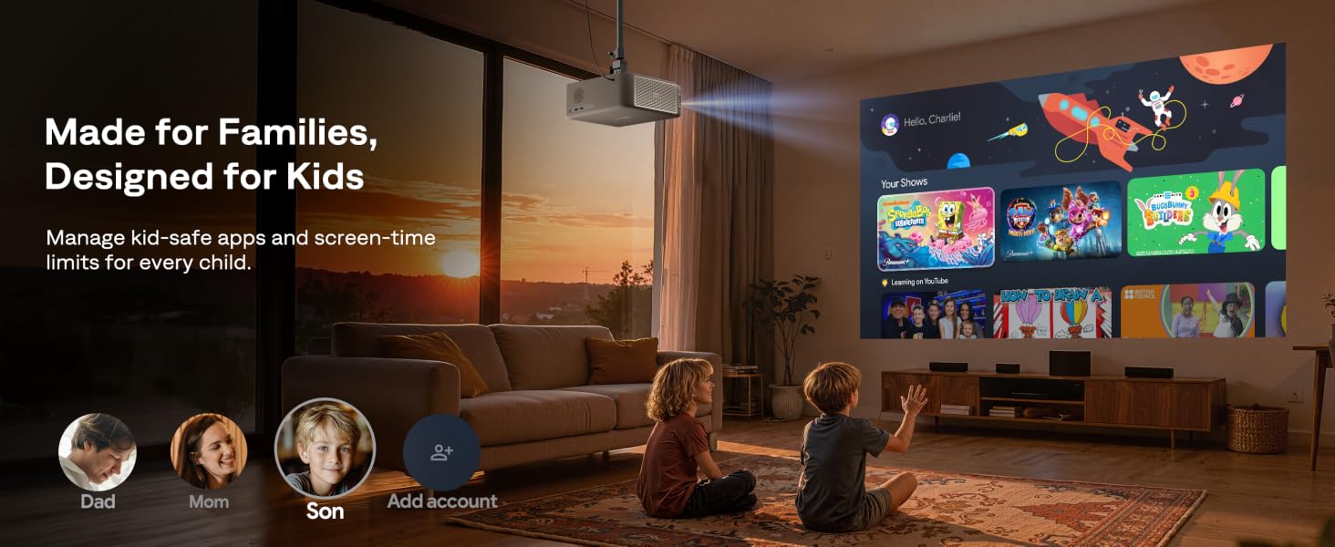 4K smart projector with premium black finish, showing lens and control panel — view 5a