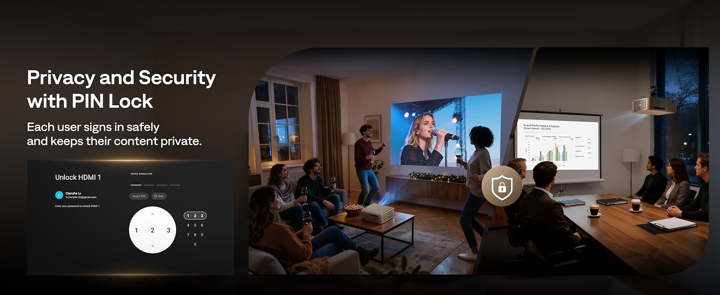 4K smart projector with premium black finish, showing lens and control panel — view 7a