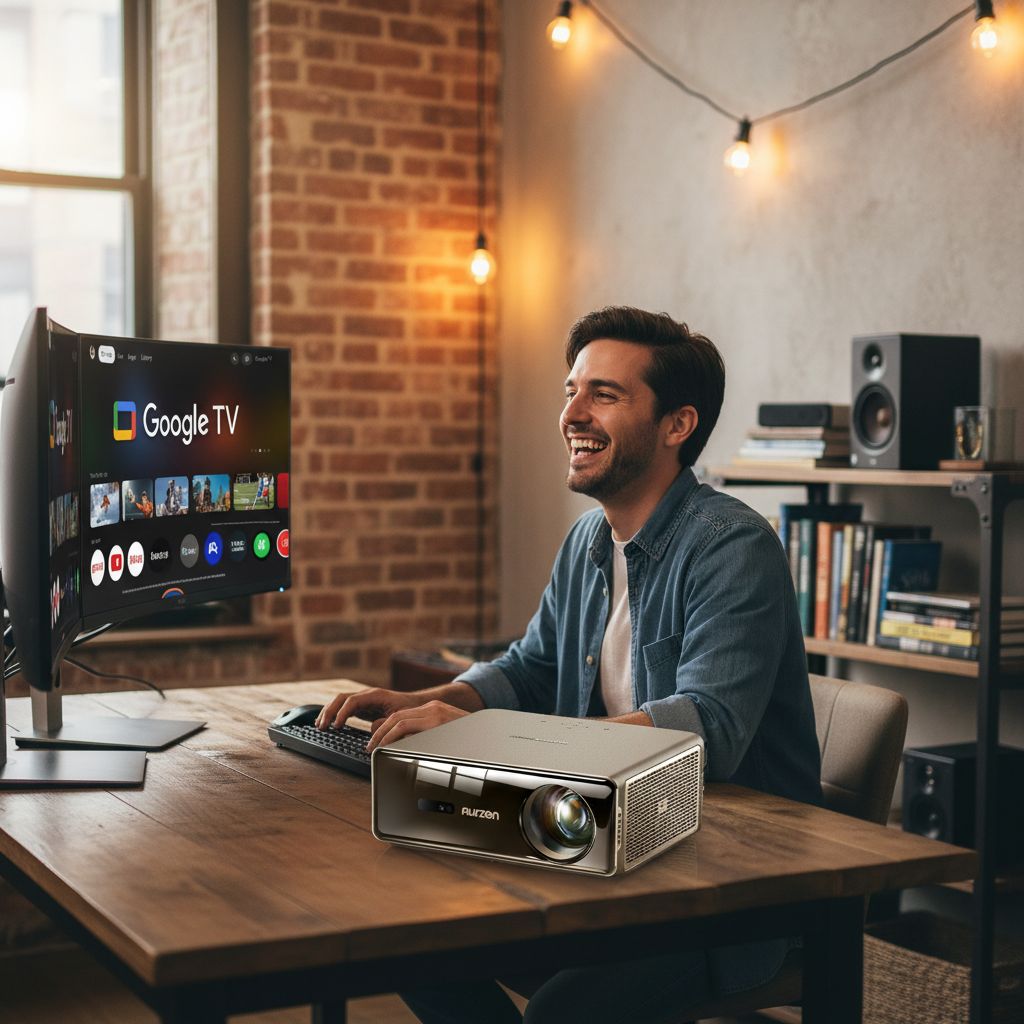 4K smart projector with premium black finish, showing lens and control panel — view 2