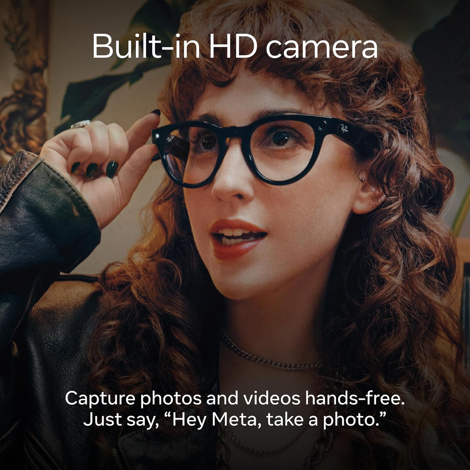 AI-enabled smart glasses with sleek black frame, 12MP camera, and open-ear speaker design โ view 2