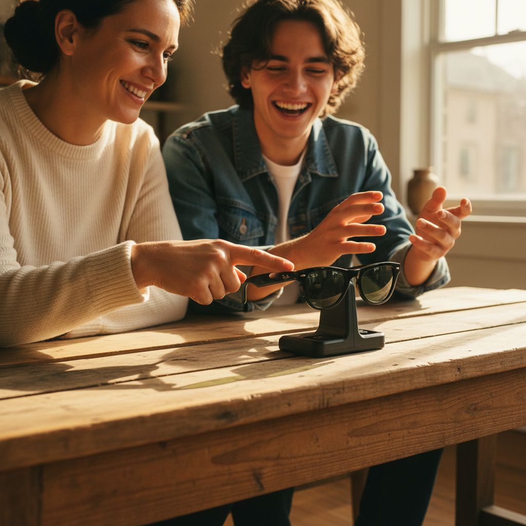 AI-enabled smart glasses with sleek black frame, 12MP camera, and open-ear speaker design โ view 3a