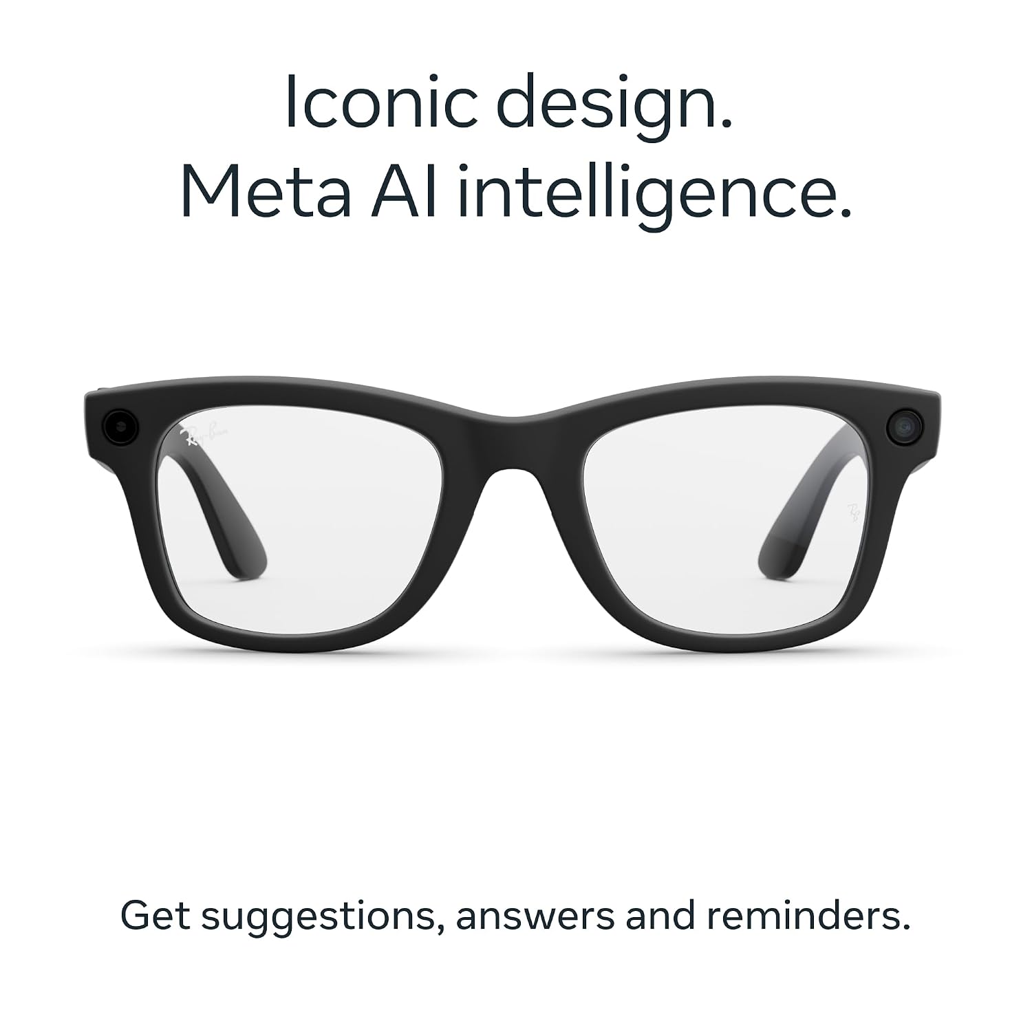 Matte black wayfarer-style smart glasses with AI camera and audio features, front and side view โ view 2