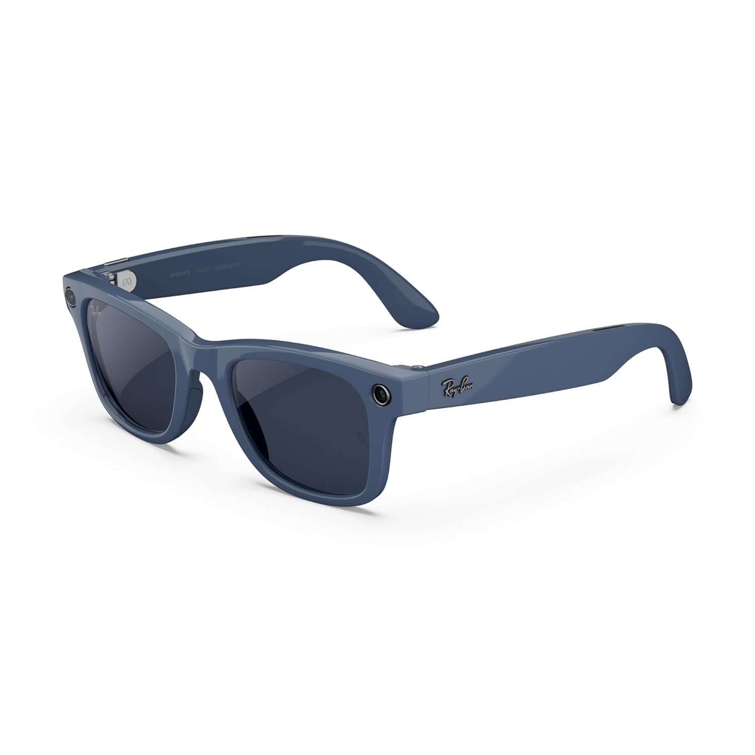 Matte black wayfarer-style smart glasses with AI camera and audio features, front and side view โ view 3a
