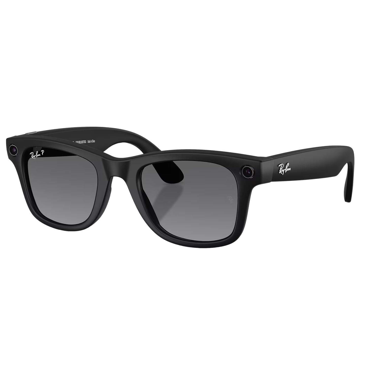 Matte black wayfarer-style smart glasses with AI camera and audio features, front and side view โ view 4