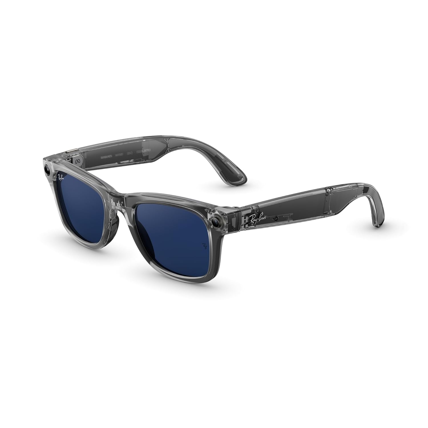Matte black wayfarer-style smart glasses with AI camera and audio features, front and side view โ view 5a