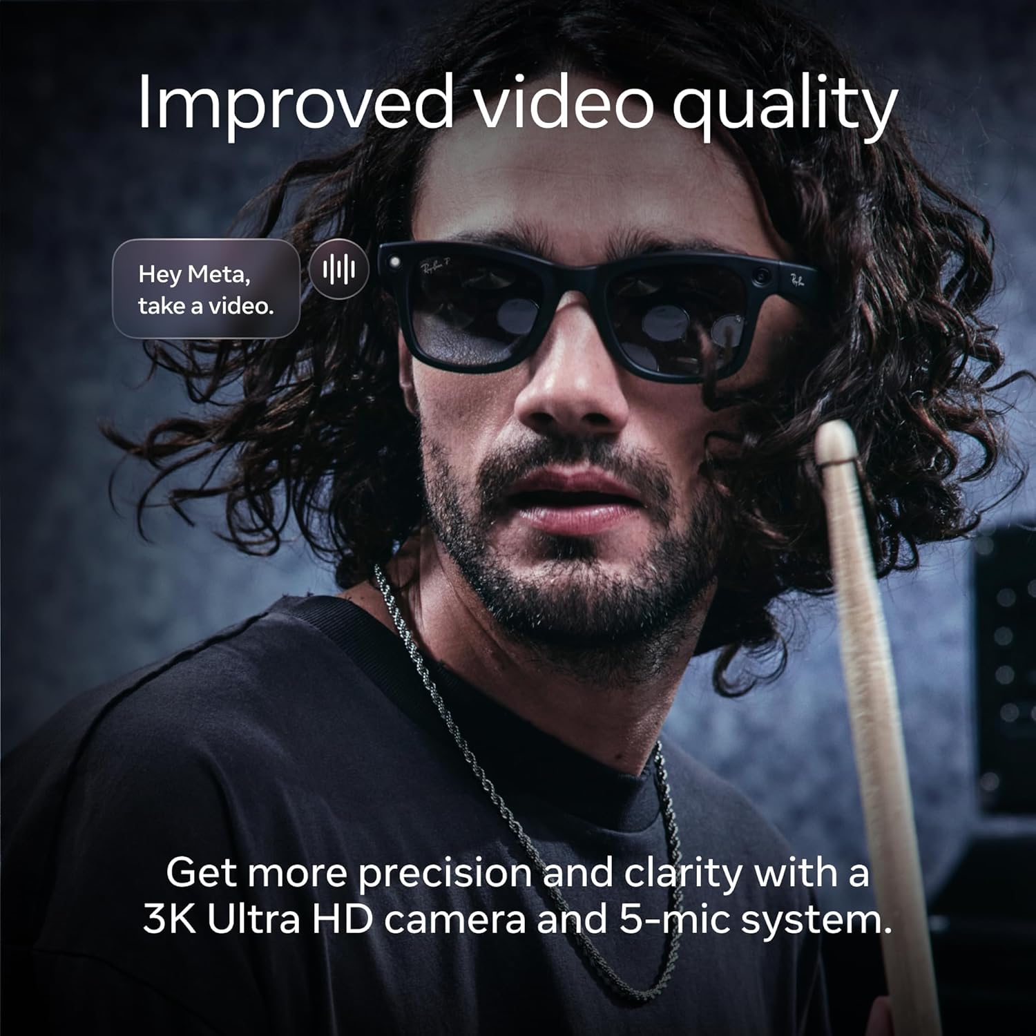 Premium matte black AI smart glasses with polarized gradient graphite lenses, featuring 12MP camera and built-in audio recording โ detail