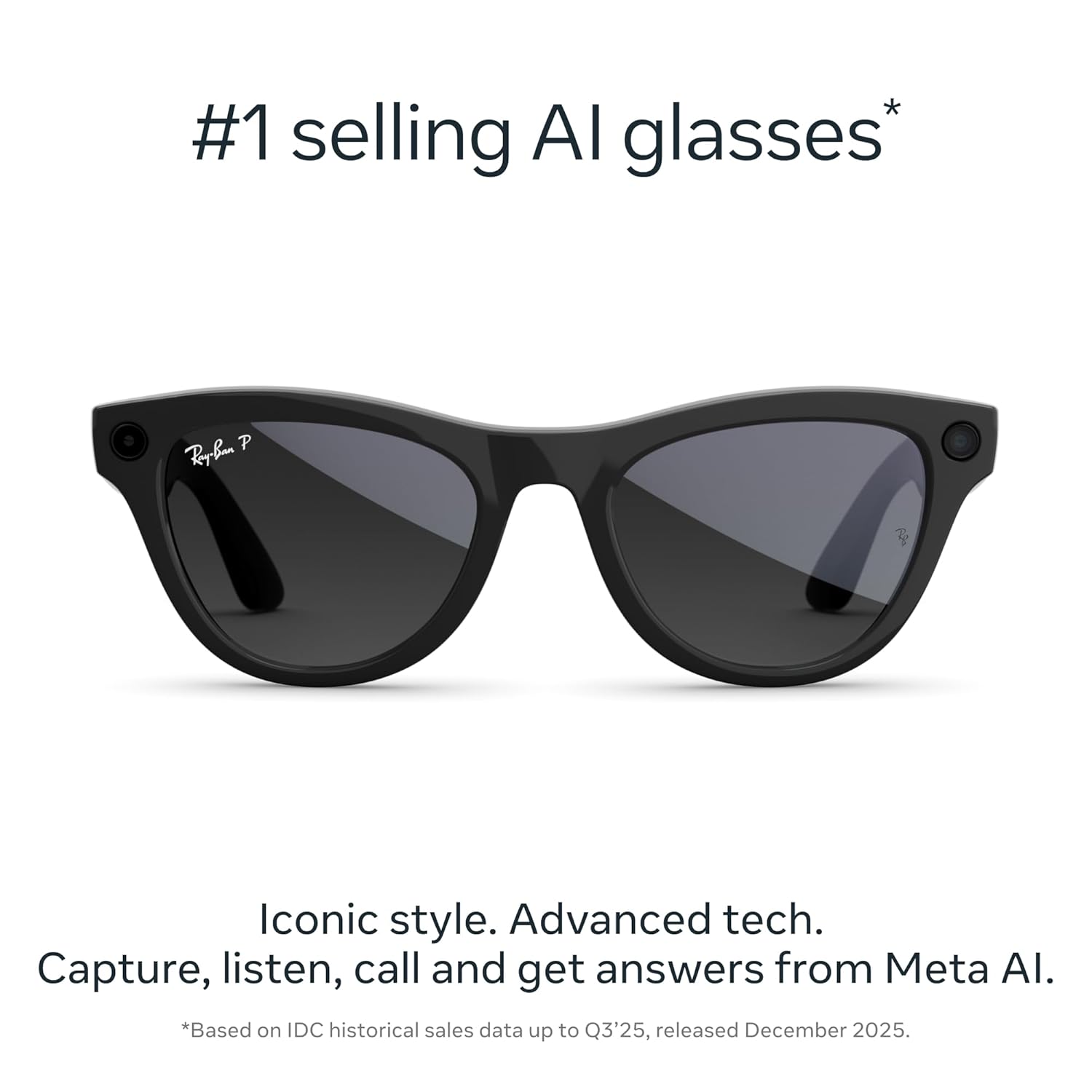 Premium wearable smart glasses with shiny black frame and polarized gradient graphite lenses, front and side view โ view 2