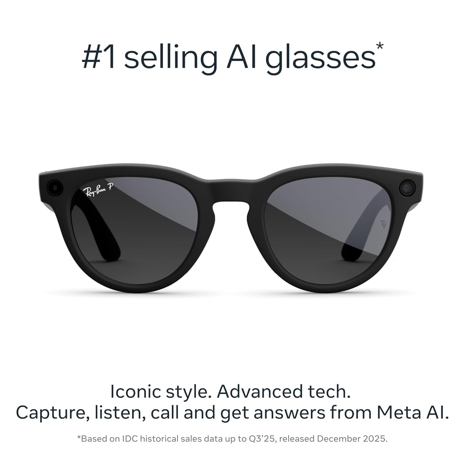 Matte black premium smart glasses with polarized gradient graphite lenses, front and side view showing camera and audio features โ view 2