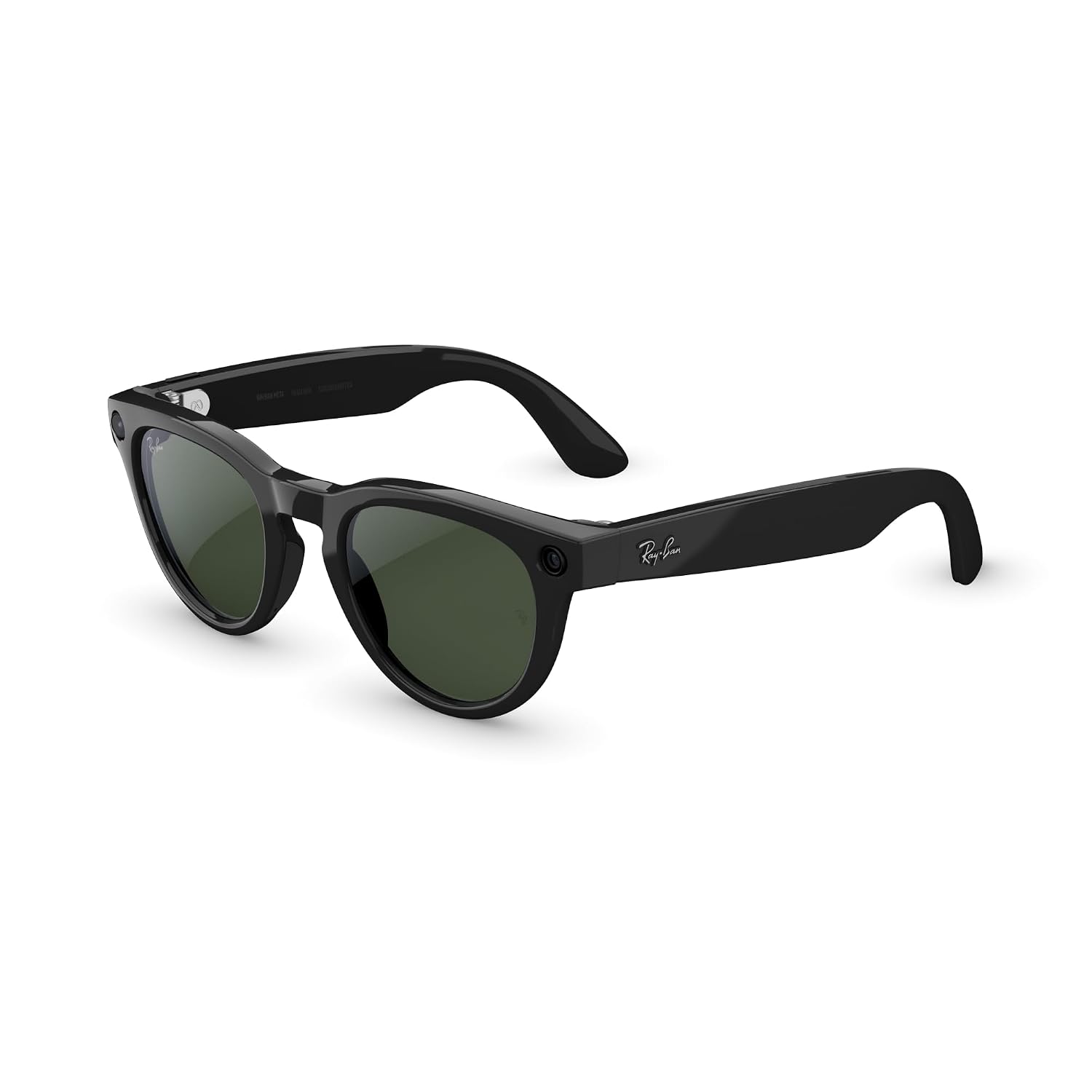 Matte black premium smart glasses with polarized gradient graphite lenses, front and side view showing camera and audio features โ view 3b