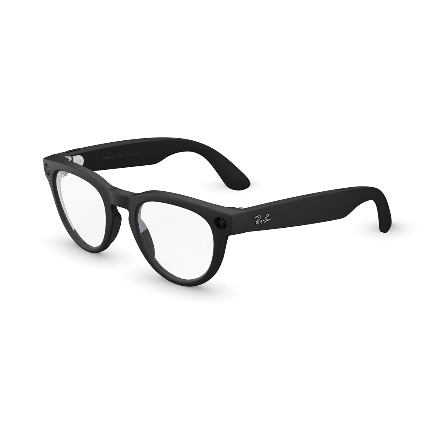 Matte black premium smart glasses with polarized gradient graphite lenses, front and side view showing camera and audio features โ view 5a