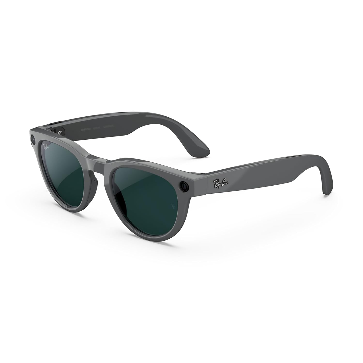Matte black premium smart glasses with polarized gradient graphite lenses, front and side view showing camera and audio features โ view 5b