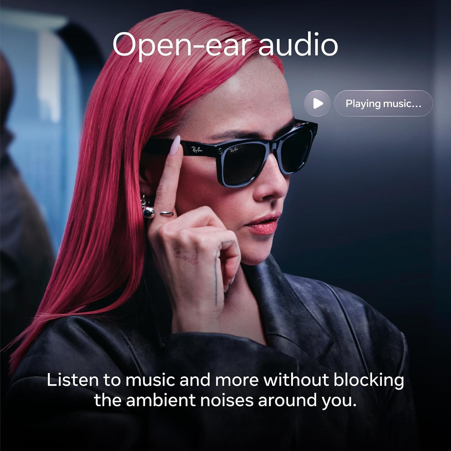 Smart glasses with Transitions lenses in shiny mystic violet finish, featuring integrated 12MP camera and audio recording capabilities — view 2