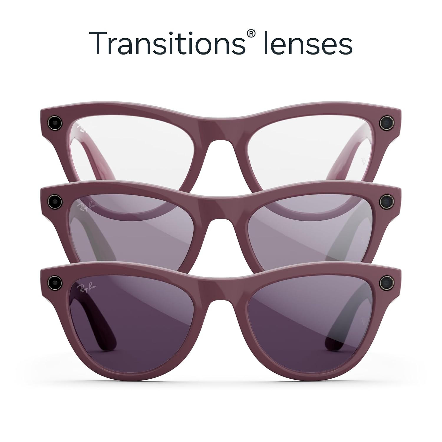 Smart glasses with Transitions lenses in shiny mystic violet finish, featuring integrated 12MP camera and audio recording capabilities — view 4