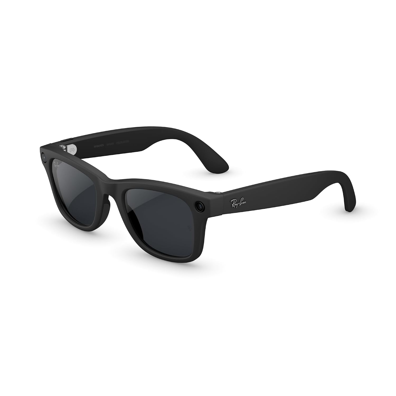 AI-enabled smart glasses with matte black wayfarer frame, 12MP camera, and Transitions grey lenses — view 1