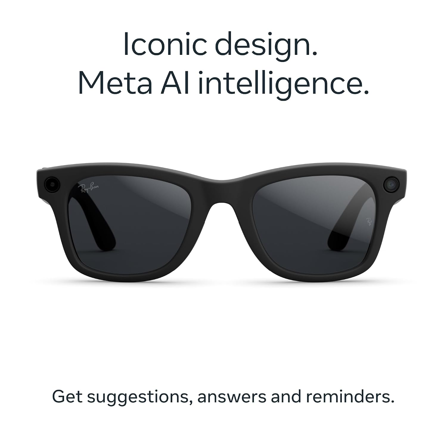 AI-enabled smart glasses with matte black wayfarer frame, 12MP camera, and Transitions grey lenses — view 2