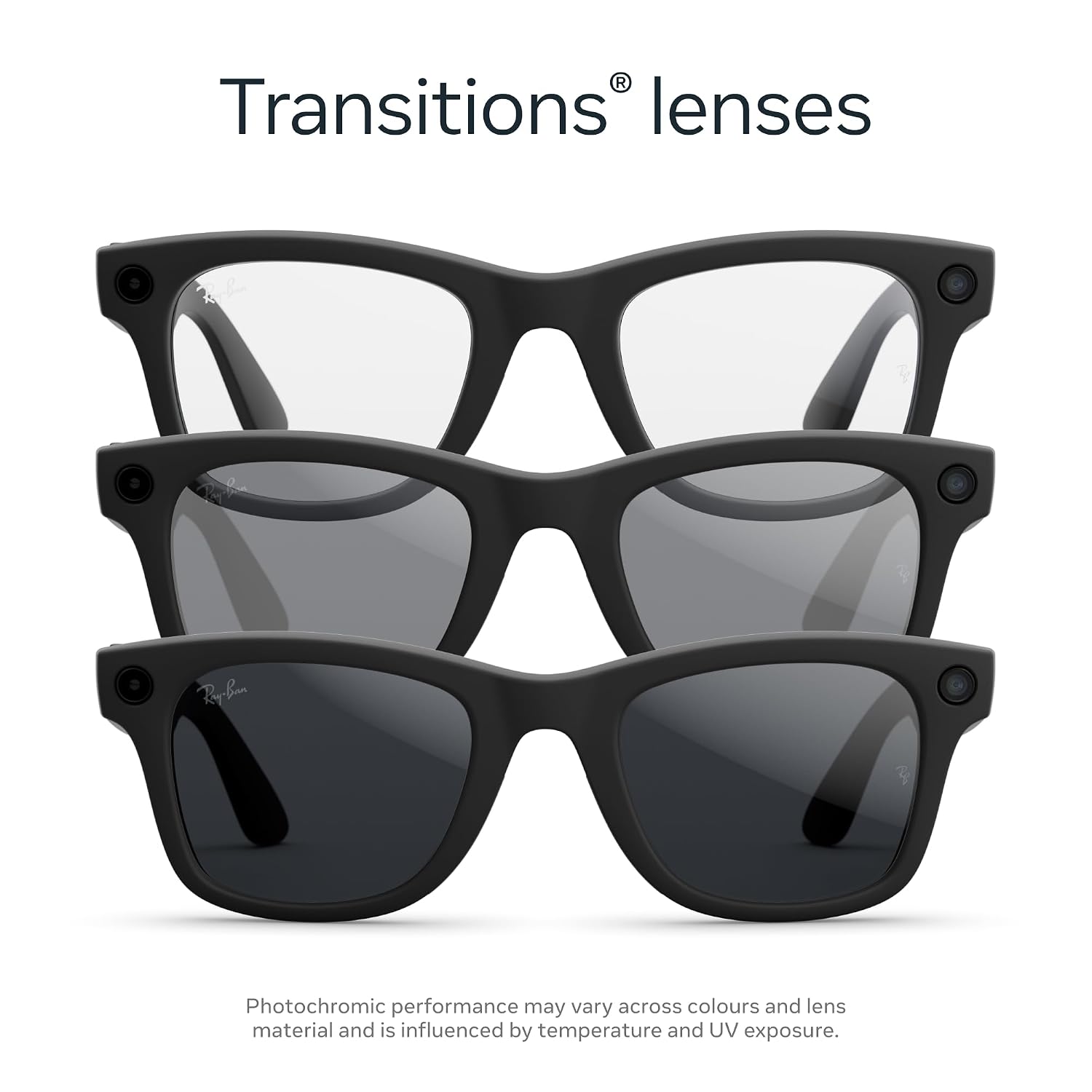 AI-enabled smart glasses with matte black wayfarer frame, 12MP camera, and Transitions grey lenses — view 2