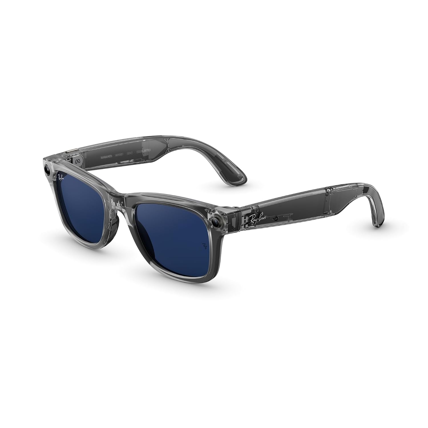AI-enabled smart glasses with matte black wayfarer frame, 12MP camera, and Transitions grey lenses — view 5a
