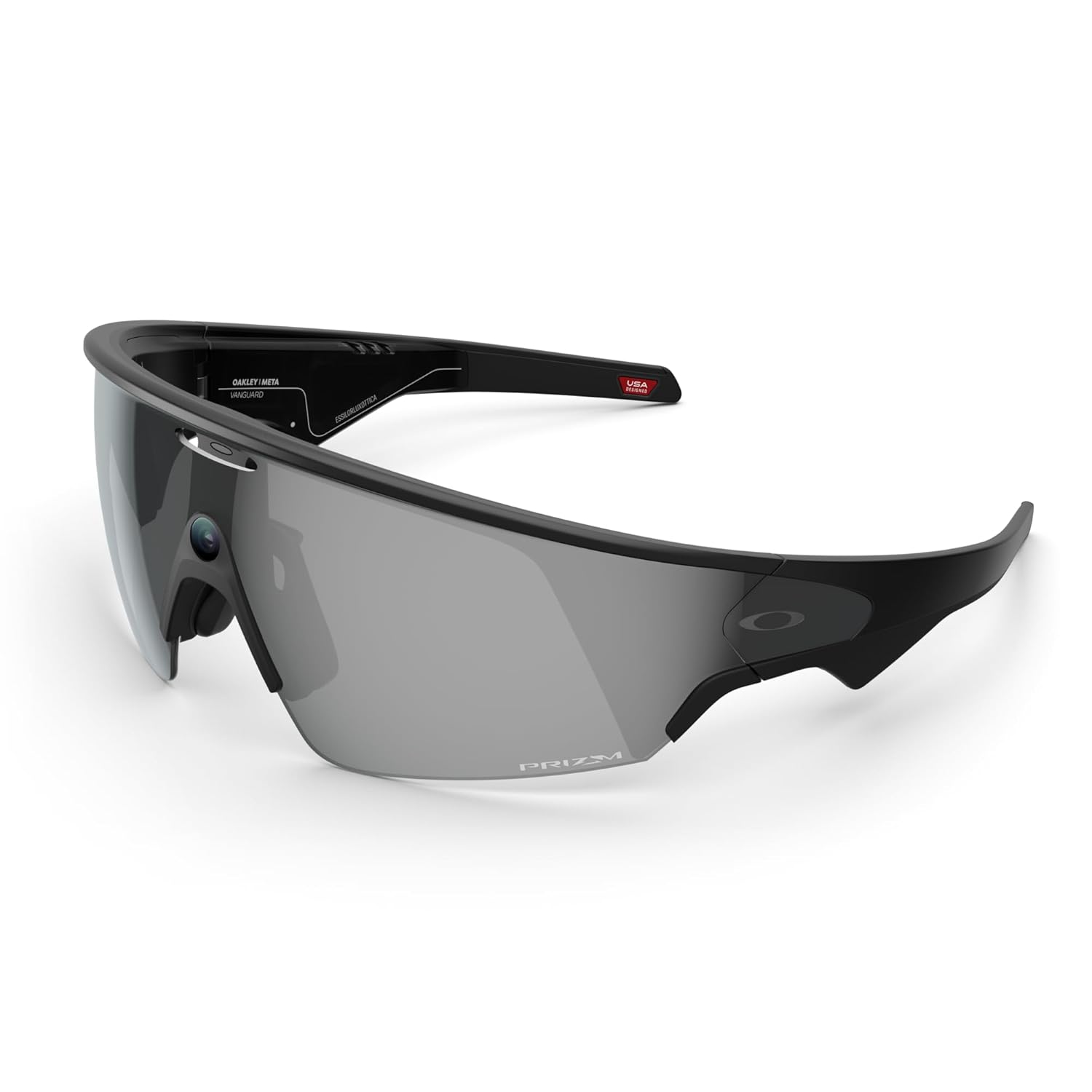 Smart AI glasses with black frame and dark tinted lenses, featuring integrated camera and audio recording capabilities — view 3a