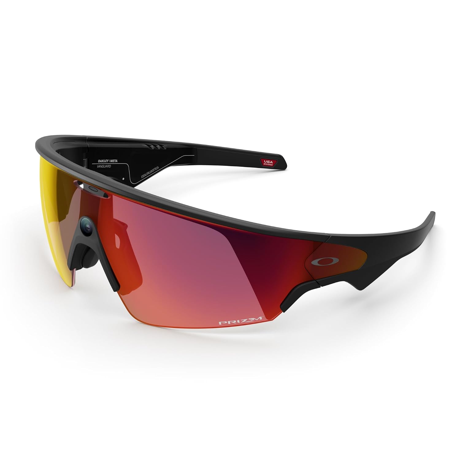 Smart AI glasses with black frame and dark tinted lenses, featuring integrated camera and audio recording capabilities — view 5b