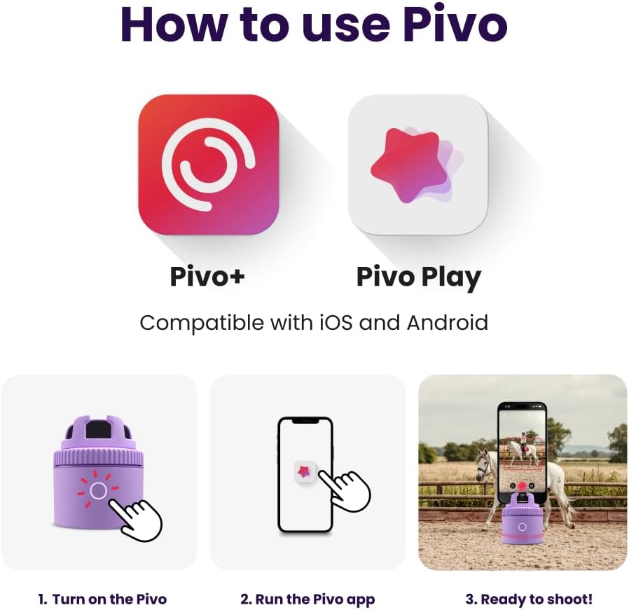 Purple auto-tracking phone holder with 360° rotation mounted on stand, showing remote control and tracking indicators — detail