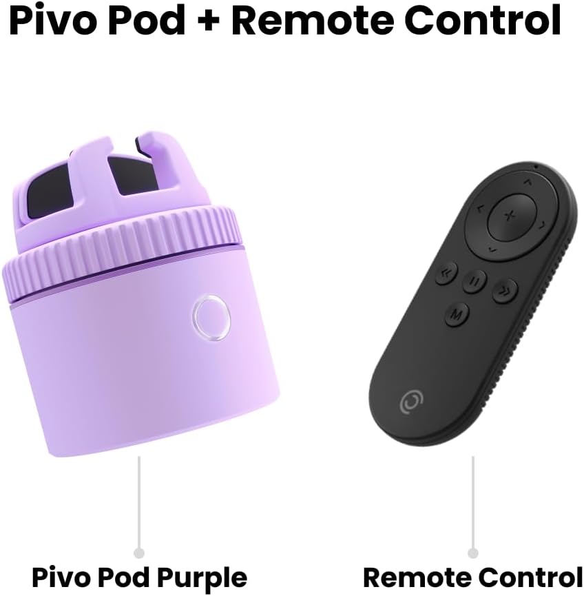 Purple auto-tracking phone holder with 360° rotation mounted on stand, showing remote control and tracking indicators — view 3
