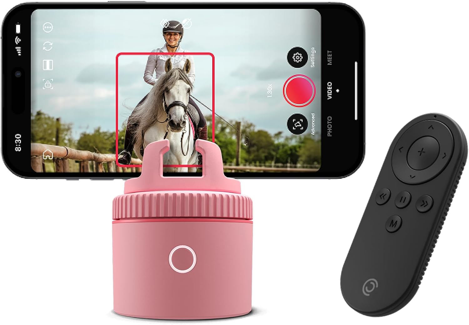 Purple auto-tracking phone holder with 360° rotation mounted on stand, showing remote control and tracking indicators — view 5