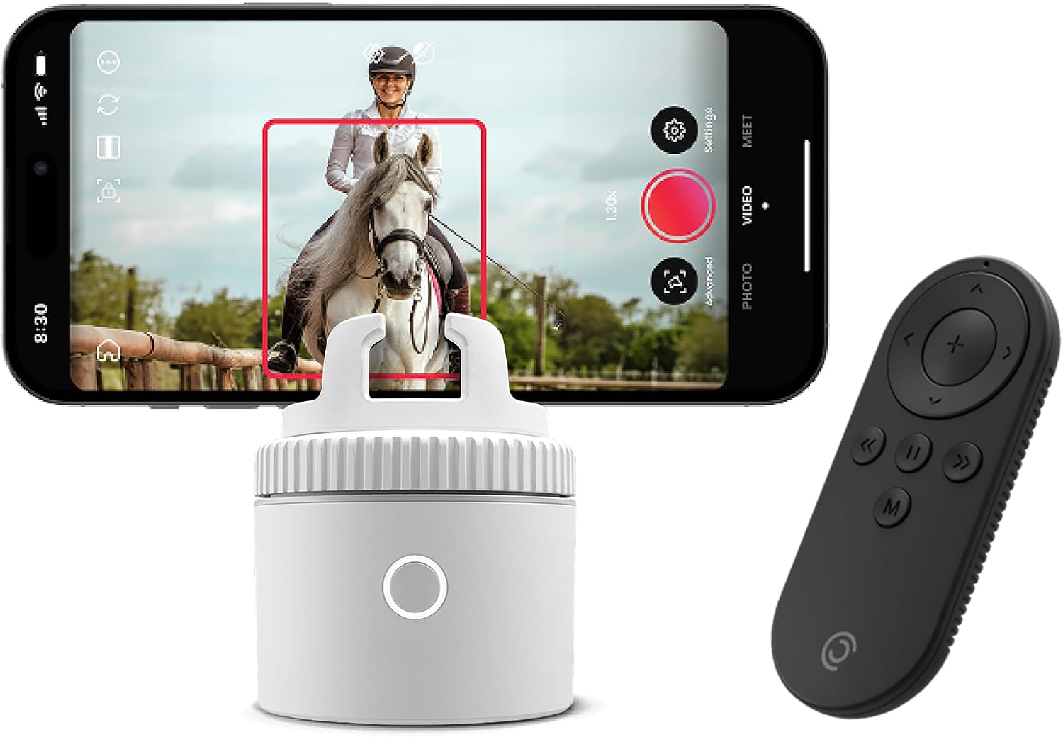 Purple auto-tracking phone holder with 360° rotation mounted on stand, showing remote control and tracking indicators — view 2