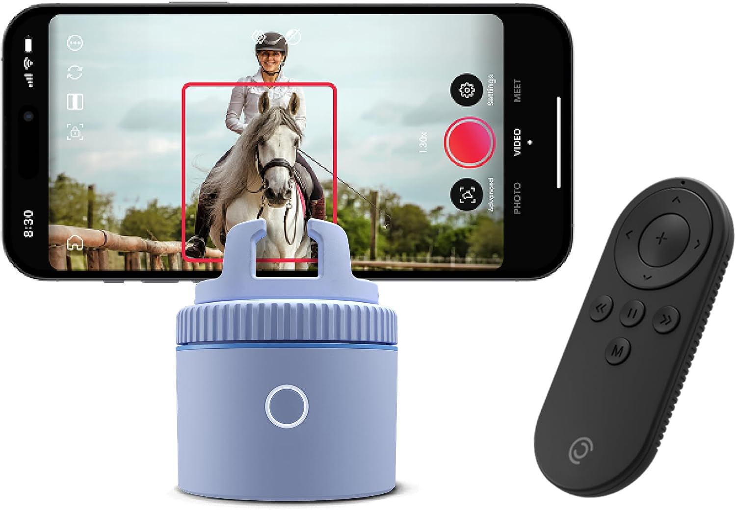 Purple auto-tracking phone holder with 360° rotation mounted on stand, showing remote control and tracking indicators — view 3a